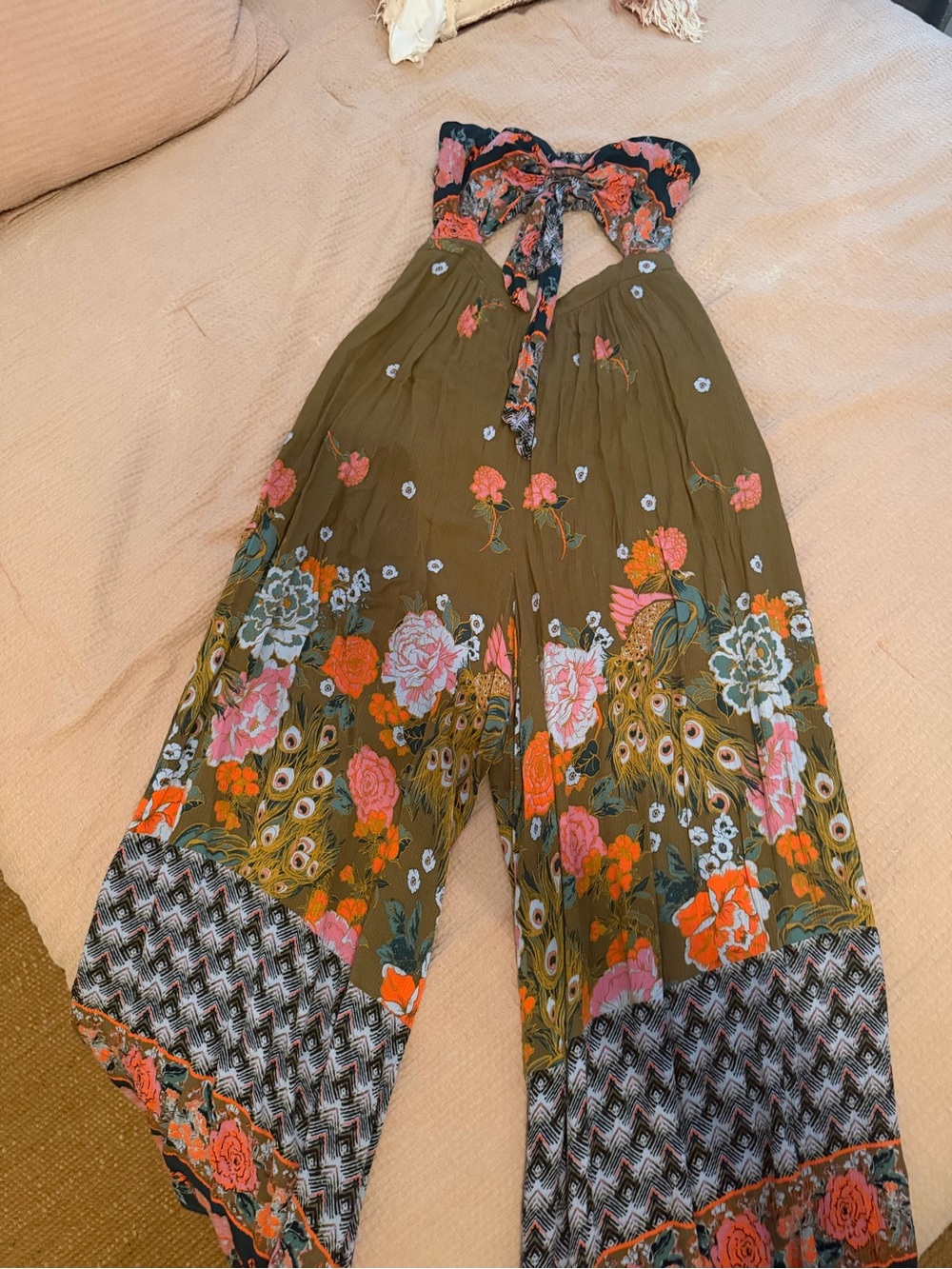 Free People Strapless Tie Front Cutout Jumpsuit Wide Leg Olive Floral Boho S